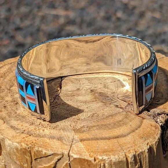 Native American Handmade Cuff‎ Bracelet Zuni Inlay Sterling Silver sz7US *** - Picture 8 of 11